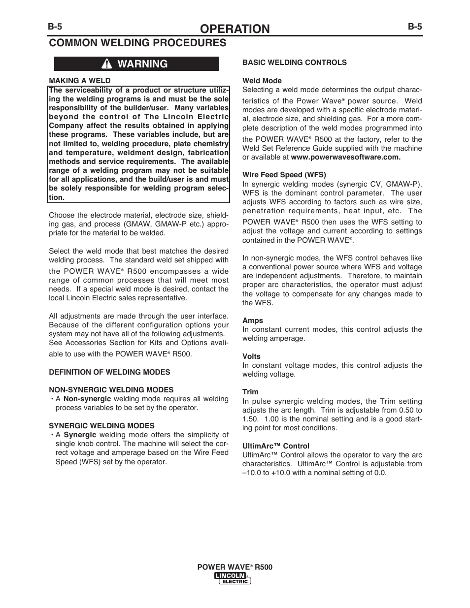 Operation, Common welding procedures, Warning | Lincoln Electric IM10133 POWER WAVE R500 User Manual | Page 22 / 56