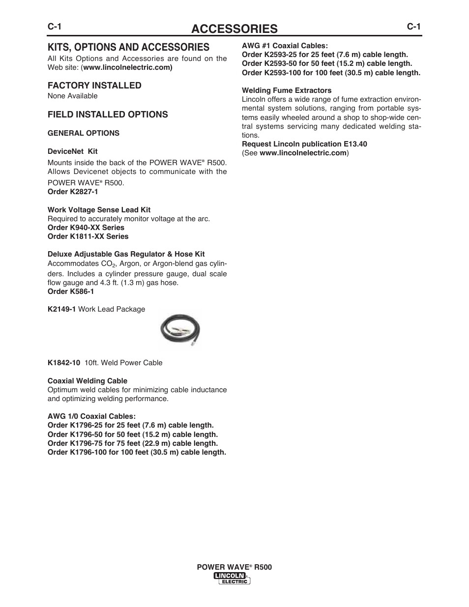 Accessories, Kits, options and accessories | Lincoln Electric IM10133 POWER WAVE R500 User Manual | Page 25 / 56