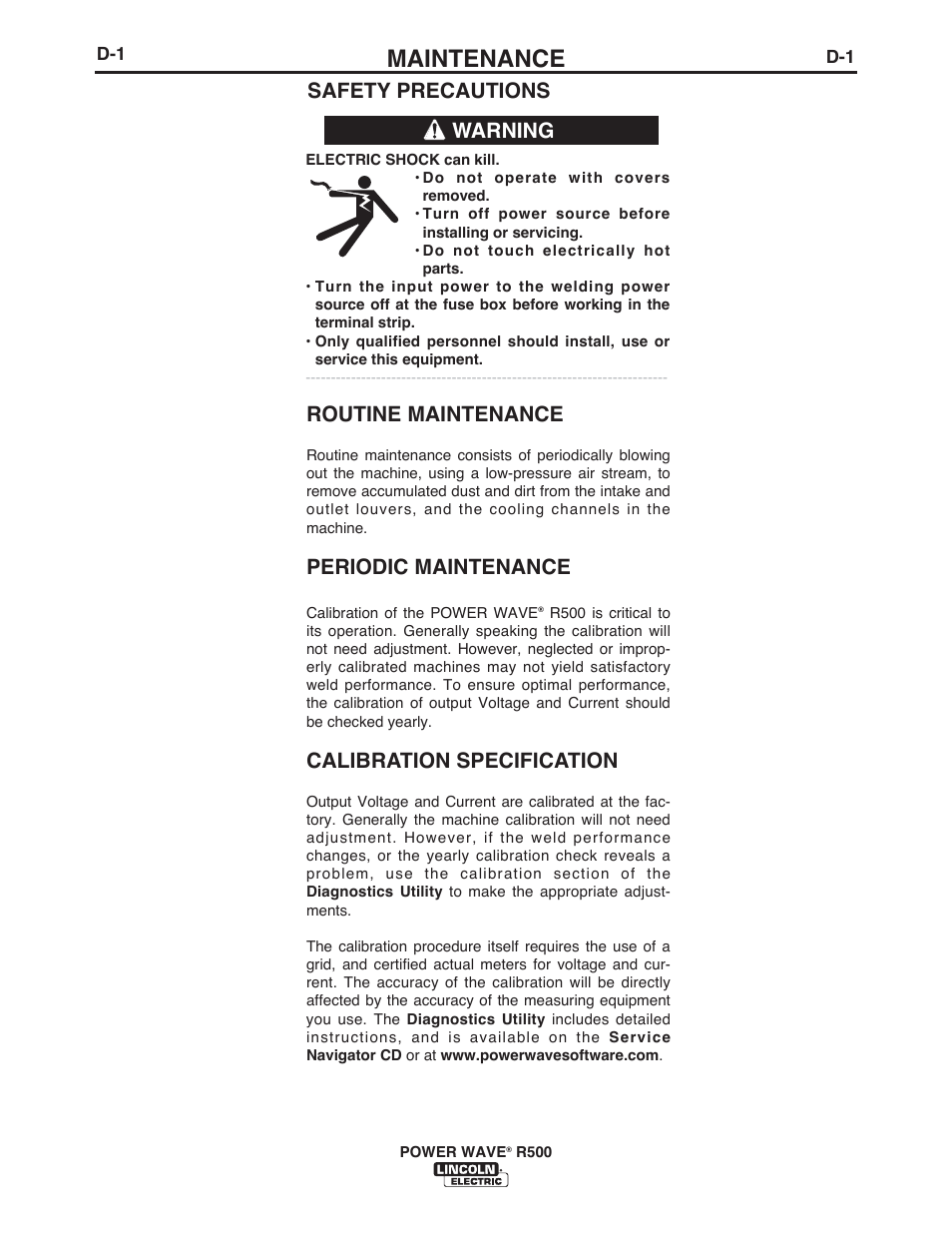 Maintenance, Safety precautions warning, Routine maintenance | Periodic maintenance, Calibration specification | Lincoln Electric IM10133 POWER WAVE R500 User Manual | Page 26 / 56