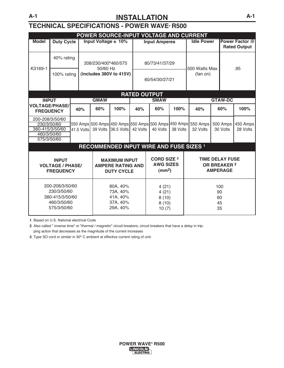 Installation, Technical specifications - power wave, R500 | Lincoln Electric IM10133 POWER WAVE R500 User Manual | Page 7 / 56