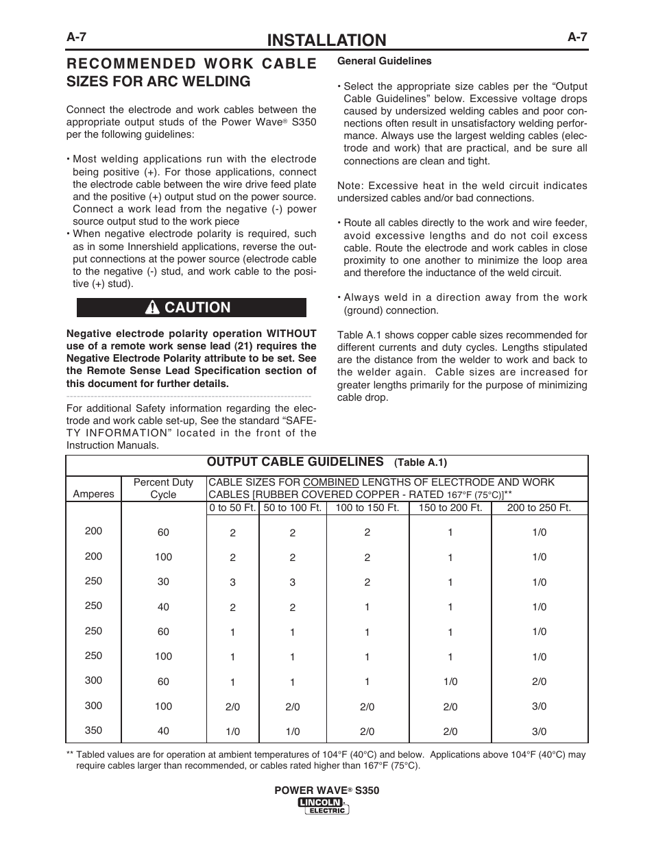 Installation, Recommended work cable sizes for arc welding, Caution | Lincoln Electric IM10007 POWER WAVE S350 User Manual | Page 14 / 60