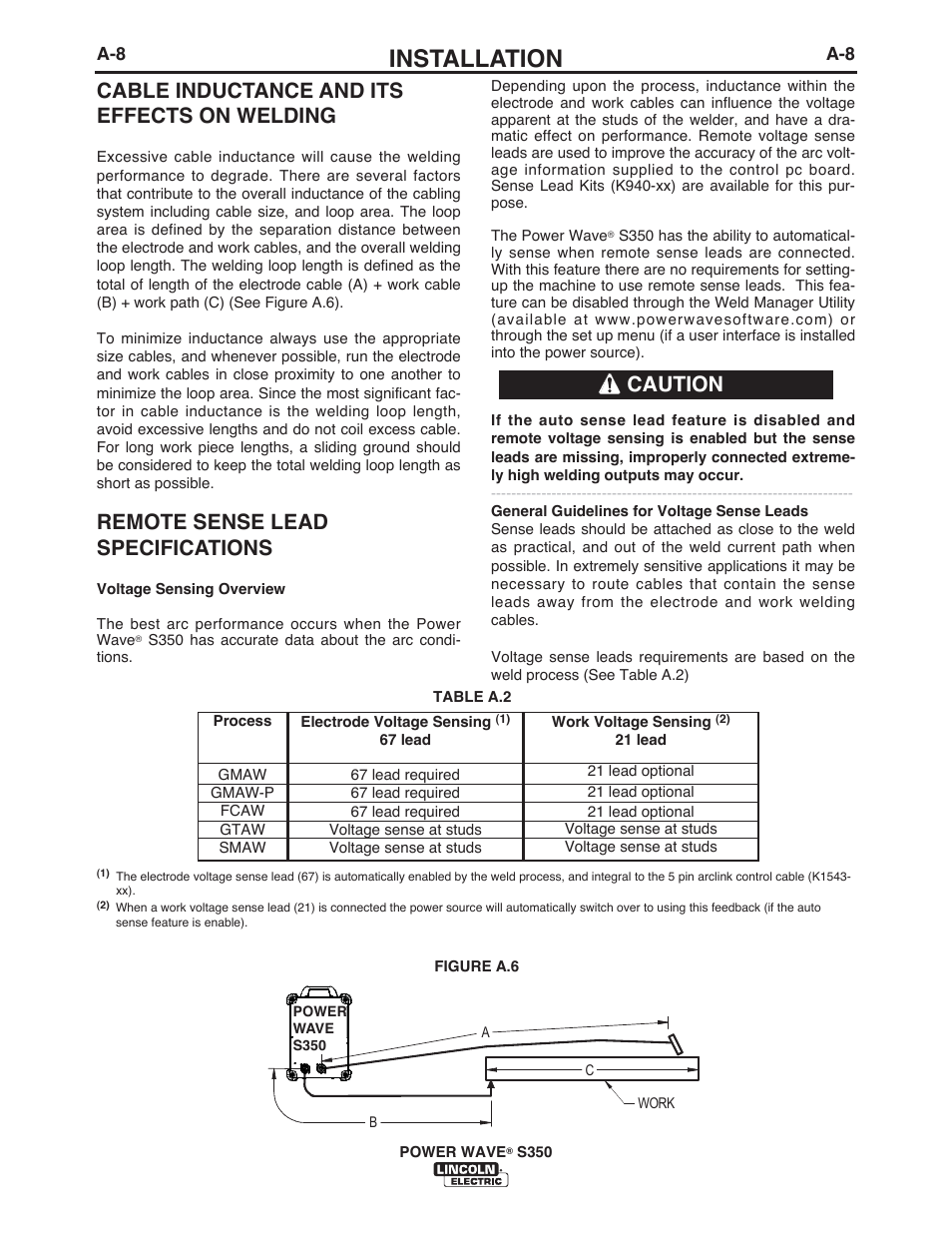 Installation, Cable inductance and its effects on welding, Remote sense lead specifications | Caution | Lincoln Electric IM10007 POWER WAVE S350 User Manual | Page 15 / 60