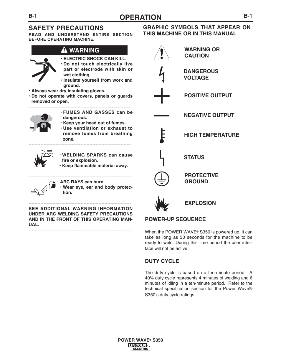 Operation, Warning safety precautions | Lincoln Electric IM10007 POWER WAVE S350 User Manual | Page 20 / 60