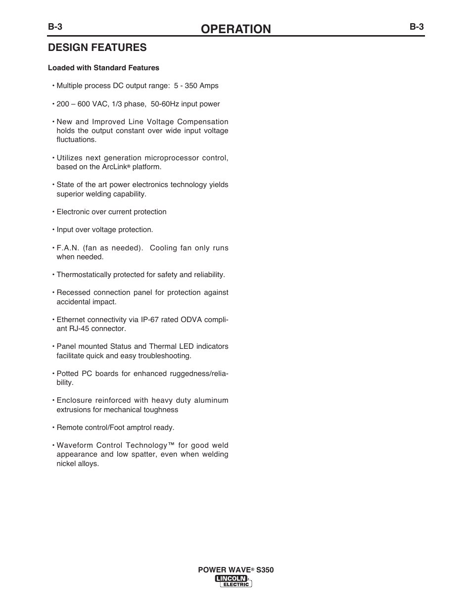 Operation, Design features | Lincoln Electric IM10007 POWER WAVE S350 User Manual | Page 22 / 60