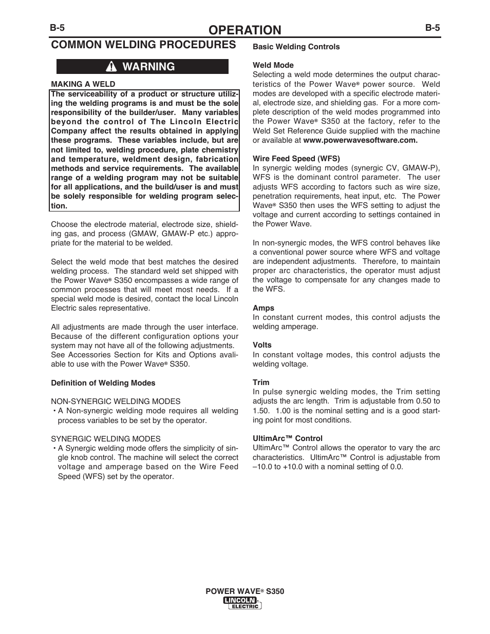 Operation, Common welding procedures, Warning | Lincoln Electric IM10007 POWER WAVE S350 User Manual | Page 24 / 60