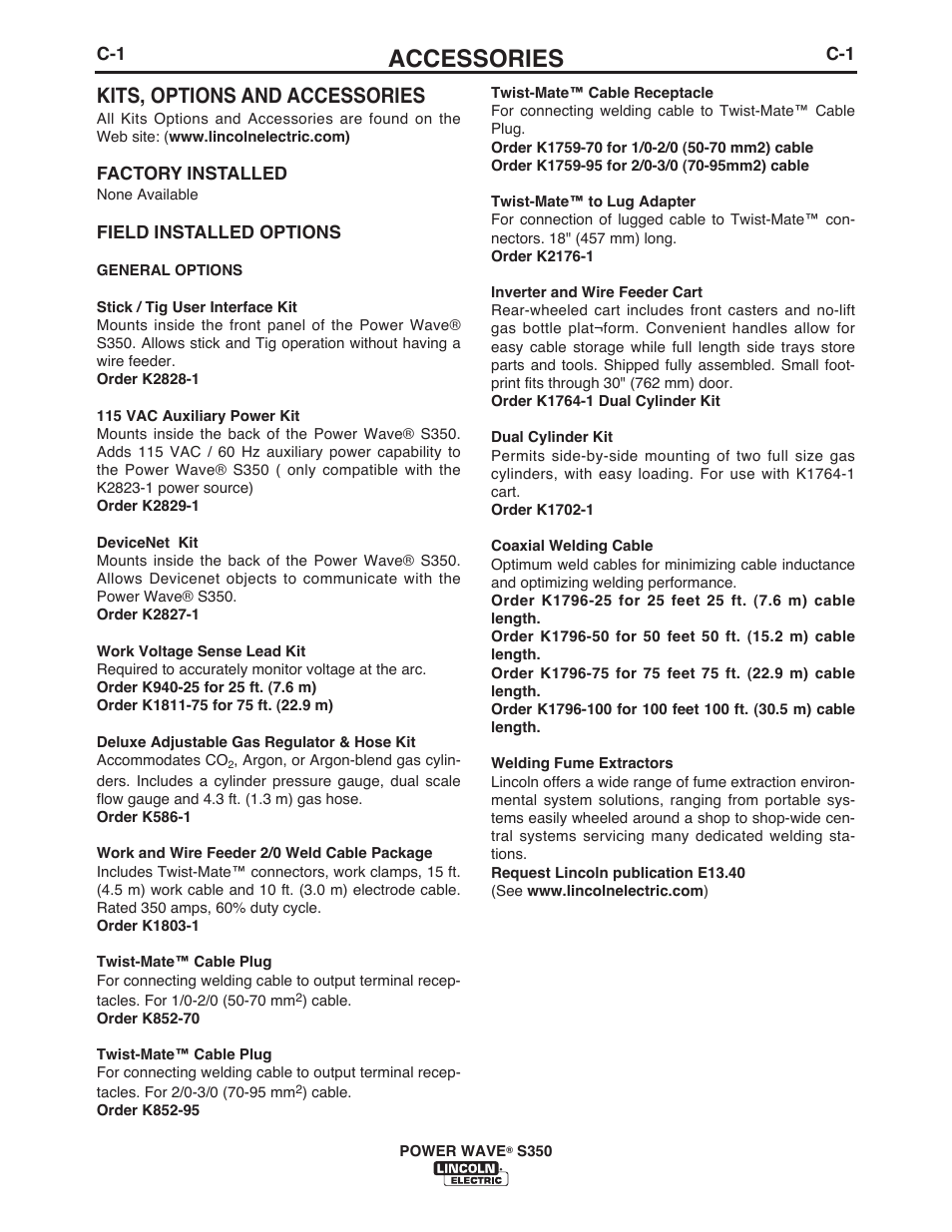 Accessories, Kits, options and accessories | Lincoln Electric IM10007 POWER WAVE S350 User Manual | Page 27 / 60