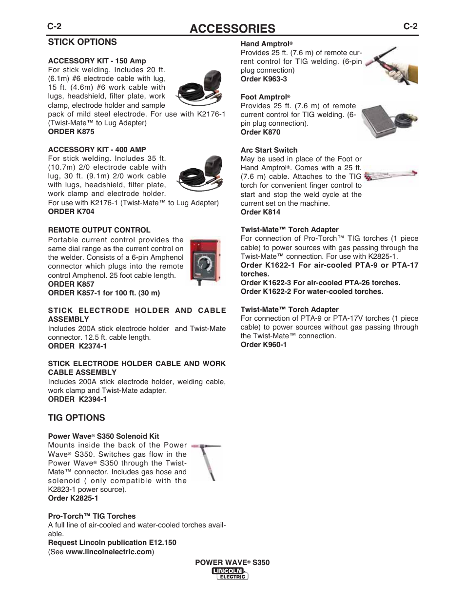 Accessories, Stick options, Tig options | Lincoln Electric IM10007 POWER WAVE S350 User Manual | Page 28 / 60