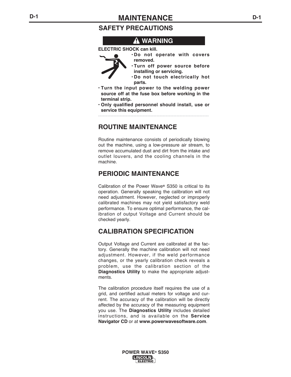 Maintenance, Safety precautions warning, Routine maintenance | Periodic maintenance, Calibration specification | Lincoln Electric IM10007 POWER WAVE S350 User Manual | Page 30 / 60