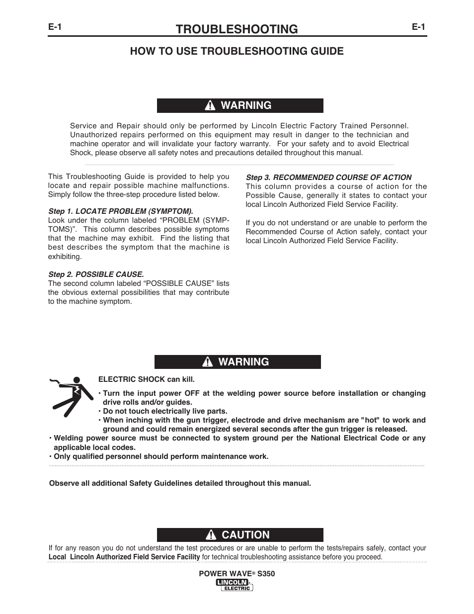 Troubleshooting, Caution, How to use troubleshooting guide | Warning | Lincoln Electric IM10007 POWER WAVE S350 User Manual | Page 31 / 60