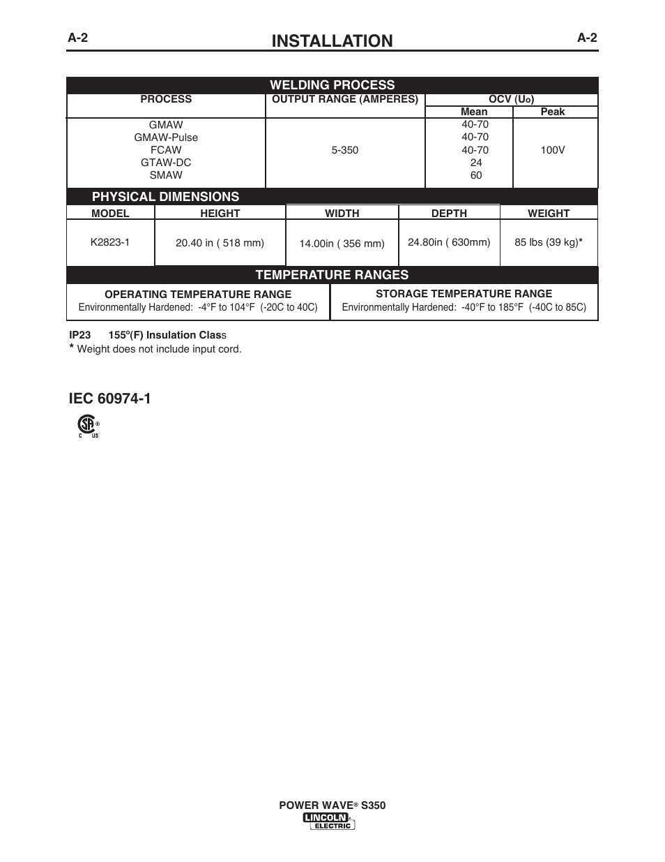 Installation | Lincoln Electric IM10007 POWER WAVE S350 User Manual | Page 9 / 60