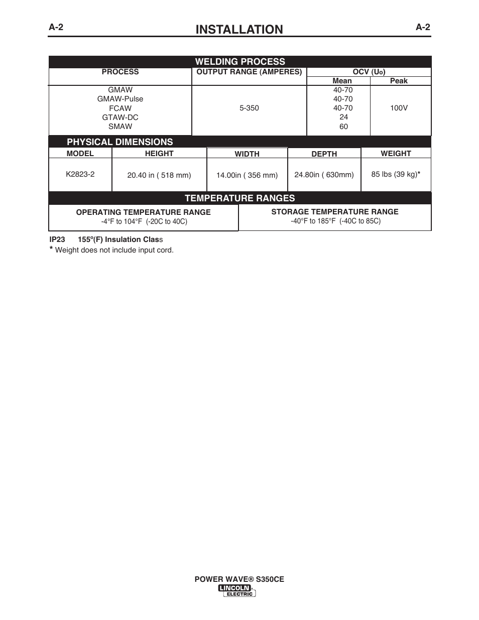 Installation | Lincoln Electric IM10029 POWER WAVE S350CE User Manual | Page 11 / 43