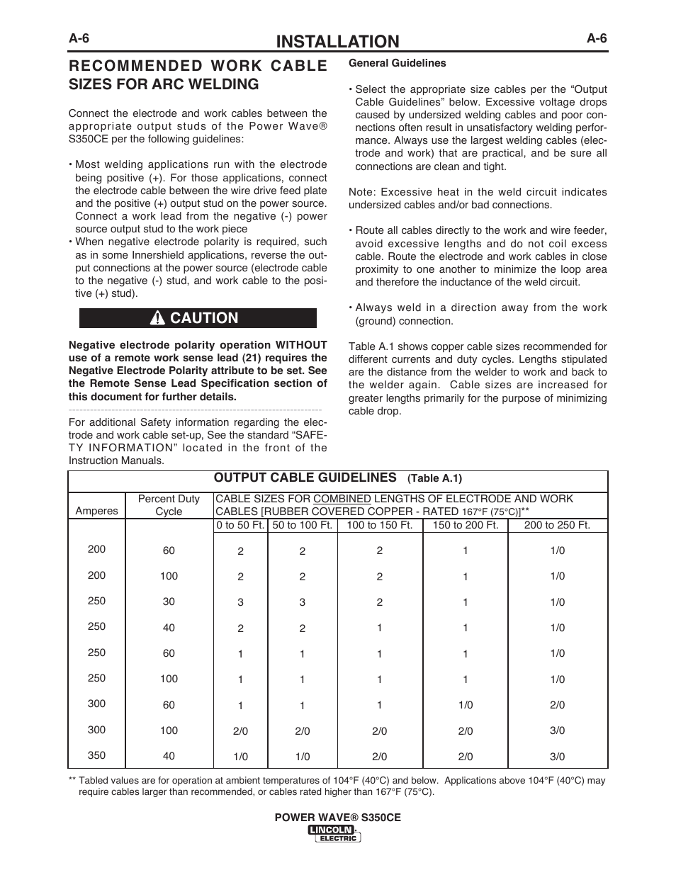 Installation, Recommended work cable sizes for arc welding, Caution | Lincoln Electric IM10029 POWER WAVE S350CE User Manual | Page 15 / 43