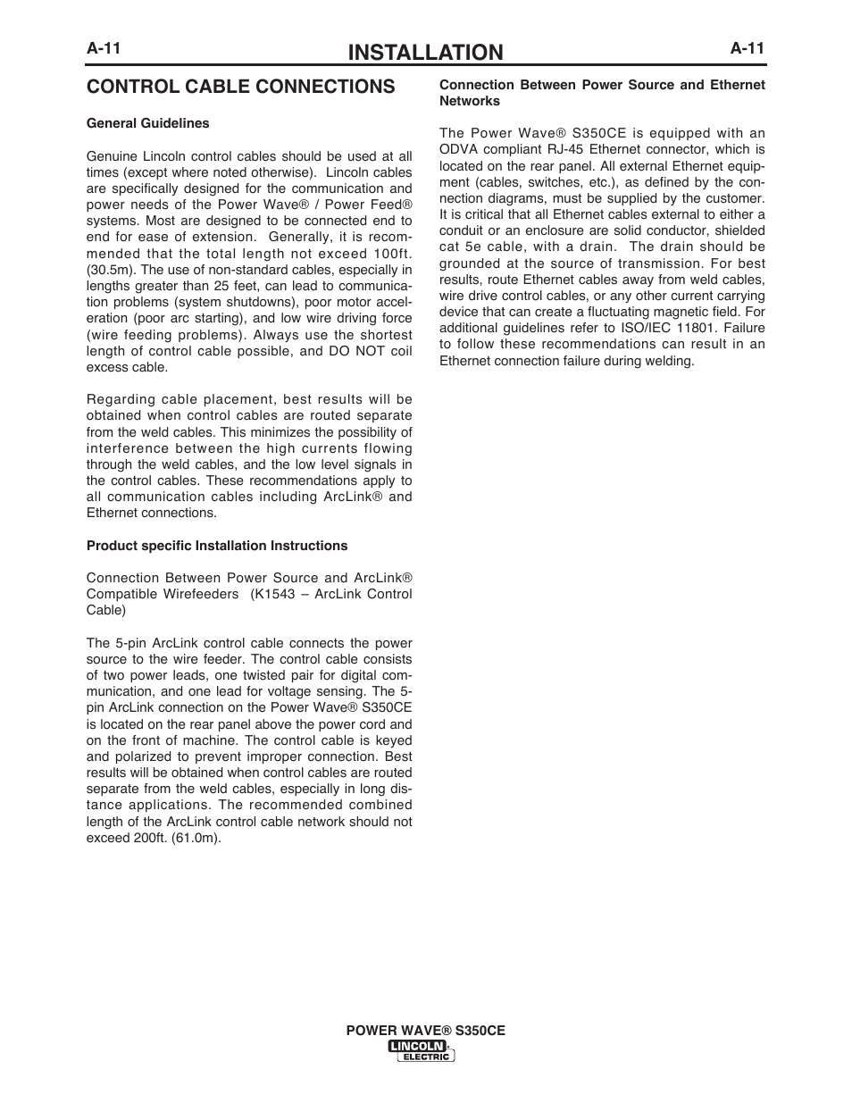 Installation, Control cable connections | Lincoln Electric IM10029 POWER WAVE S350CE User Manual | Page 20 / 43