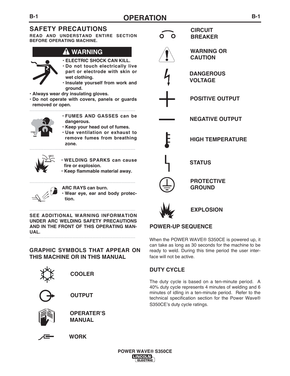 Operation, Warning safety precautions | Lincoln Electric IM10029 POWER WAVE S350CE User Manual | Page 21 / 43