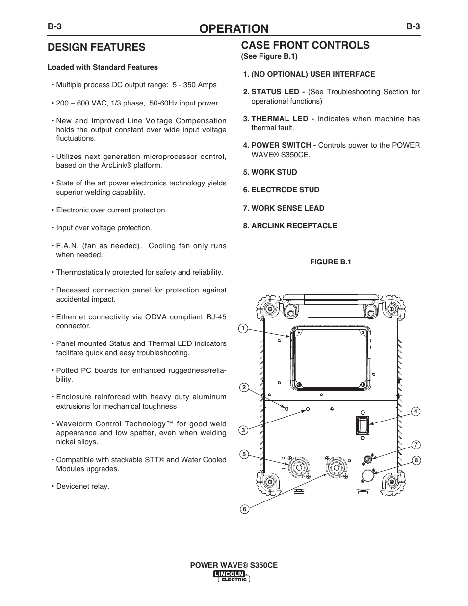 Operation, Case front controls, Design features | Lincoln Electric IM10029 POWER WAVE S350CE User Manual | Page 23 / 43