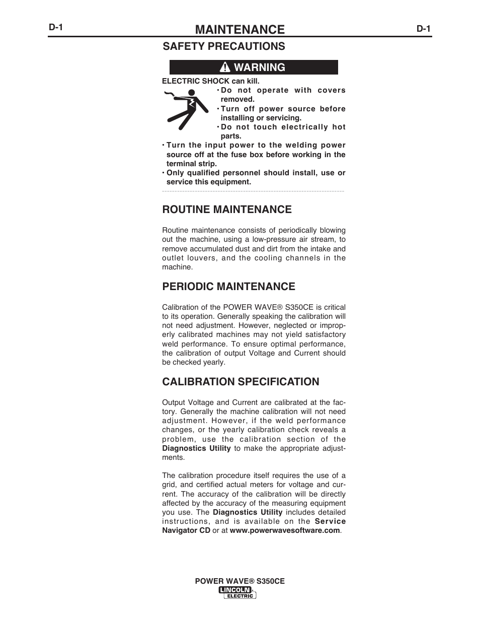 Maintenance, Safety precautions warning, Routine maintenance | Periodic maintenance, Calibration specification | Lincoln Electric IM10029 POWER WAVE S350CE User Manual | Page 30 / 43