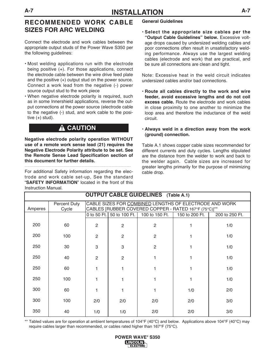 Installation, Recommended work cable sizes for arc welding, Caution | Lincoln Electric IM10061 POWER WAVE S350 User Manual | Page 14 / 42