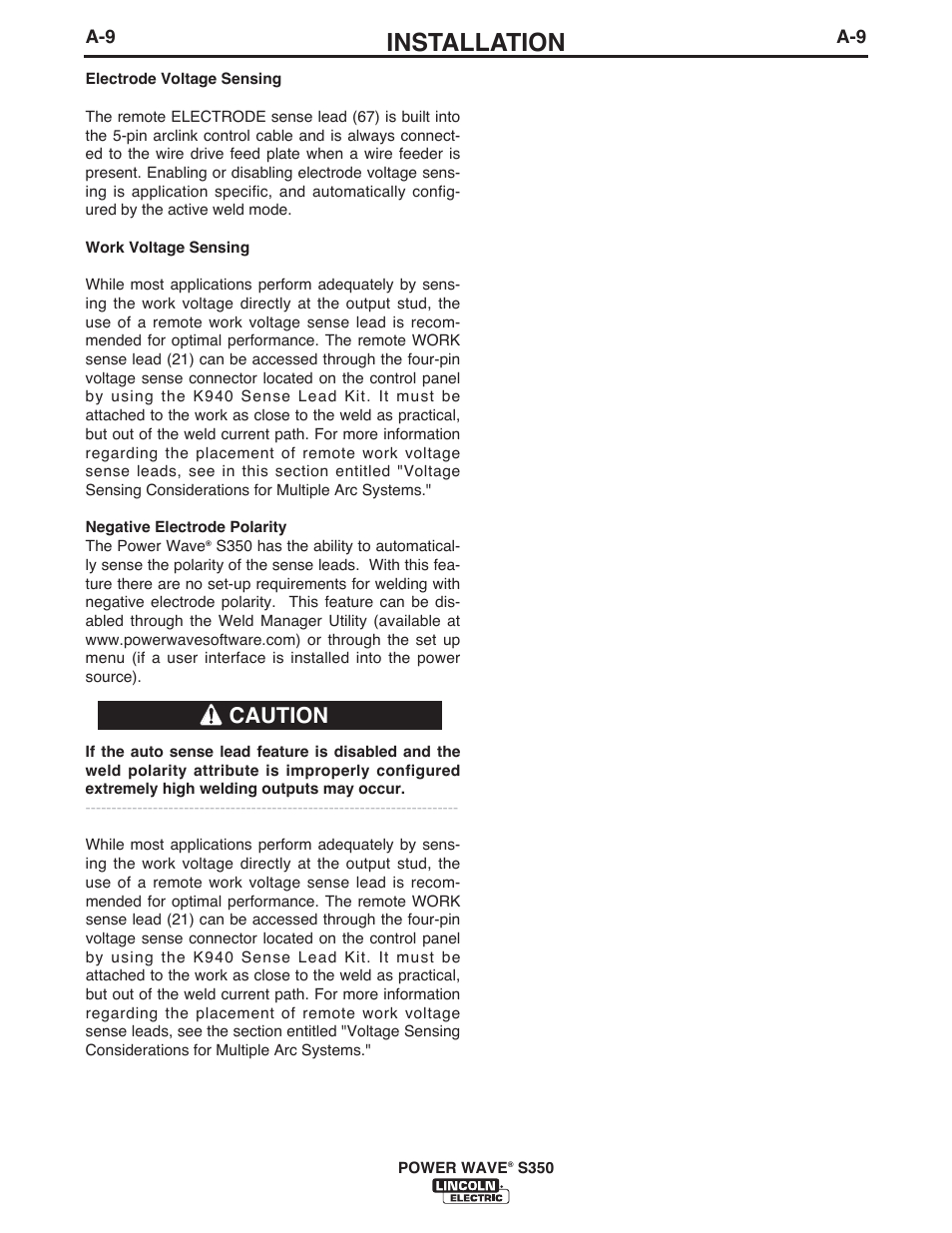 Installation, Caution | Lincoln Electric IM10061 POWER WAVE S350 User Manual | Page 16 / 42