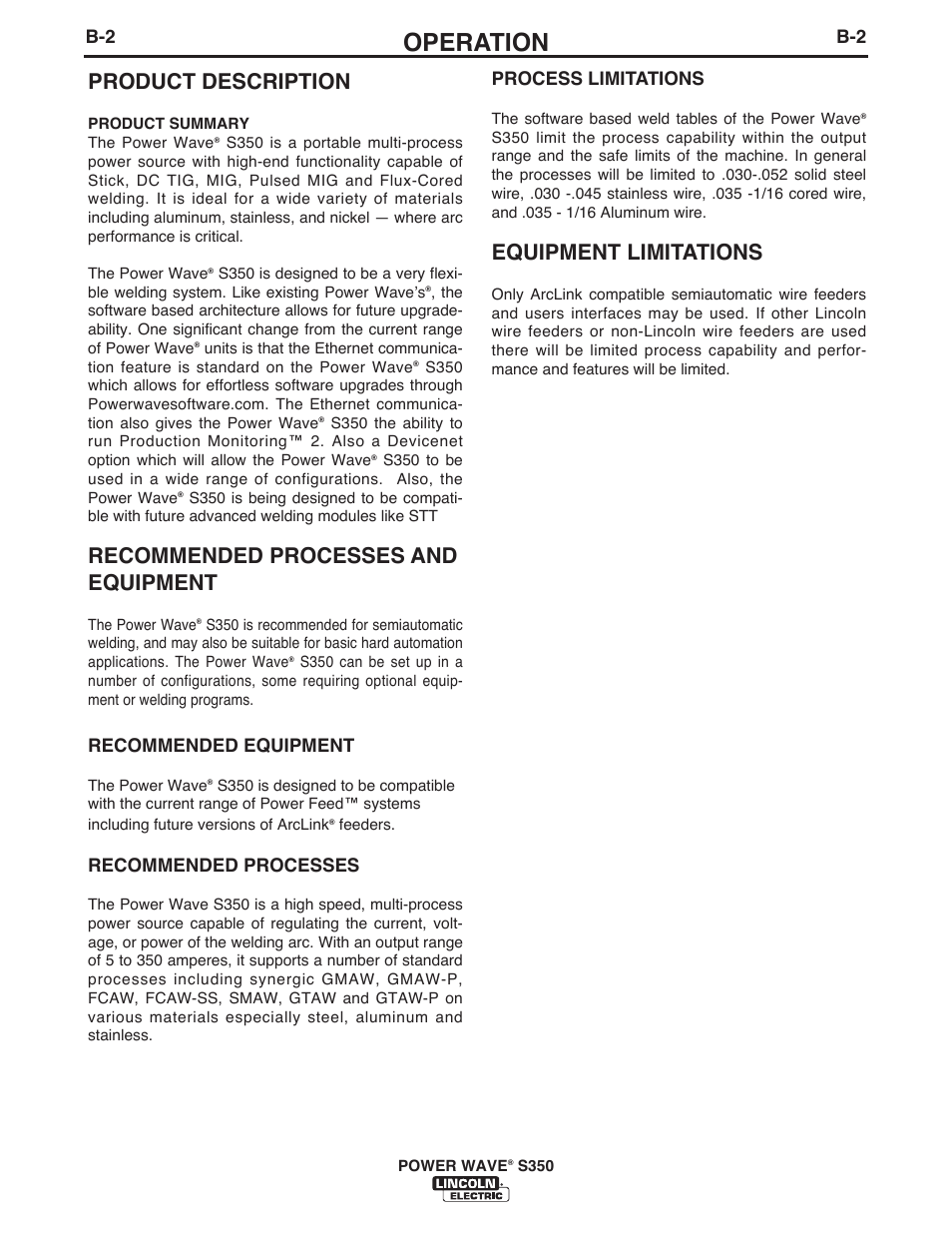 Operation, Product description, Recommended processes and equipment | Equipment limitations, Recommended equipment, Recommended processes, Process limitations | Lincoln Electric IM10061 POWER WAVE S350 User Manual | Page 21 / 42