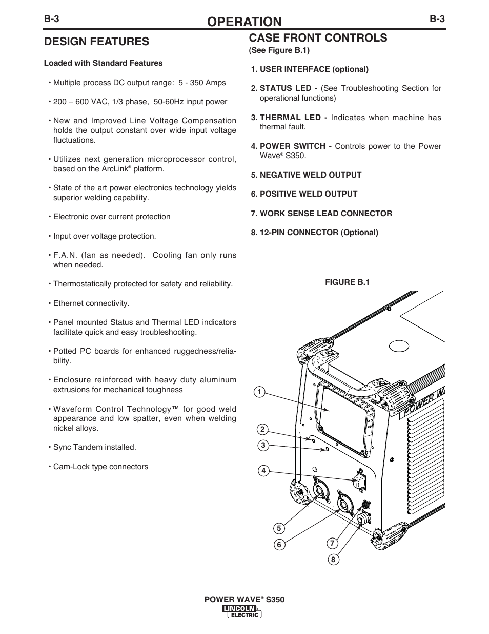 Operation, Case front controls, Design features | Lincoln Electric IM10061 POWER WAVE S350 User Manual | Page 22 / 42