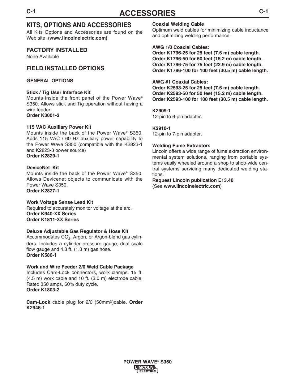 Accessories, Kits, options and accessories | Lincoln Electric IM10061 POWER WAVE S350 User Manual | Page 27 / 42