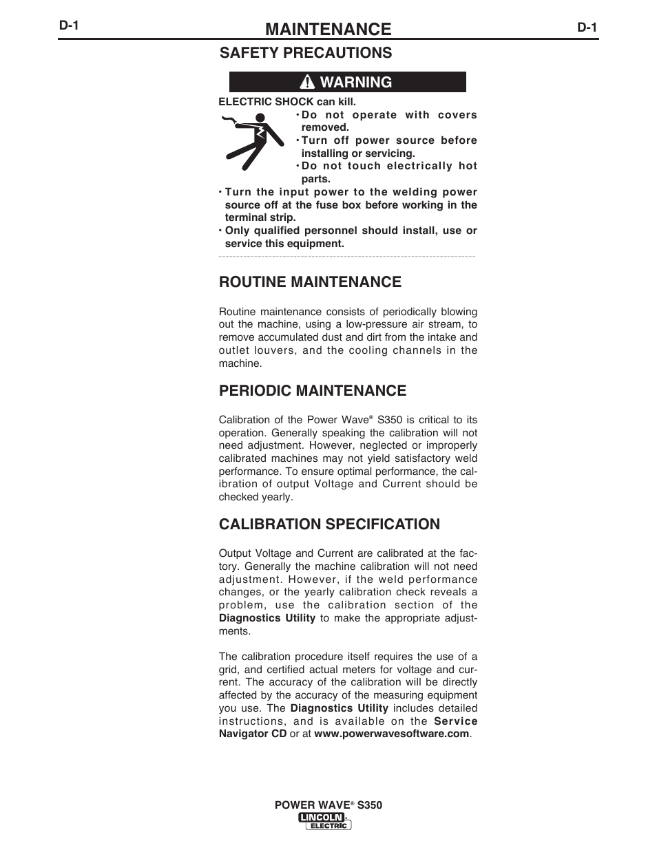 Maintenance, Safety precautions warning, Routine maintenance | Periodic maintenance, Calibration specification | Lincoln Electric IM10061 POWER WAVE S350 User Manual | Page 29 / 42