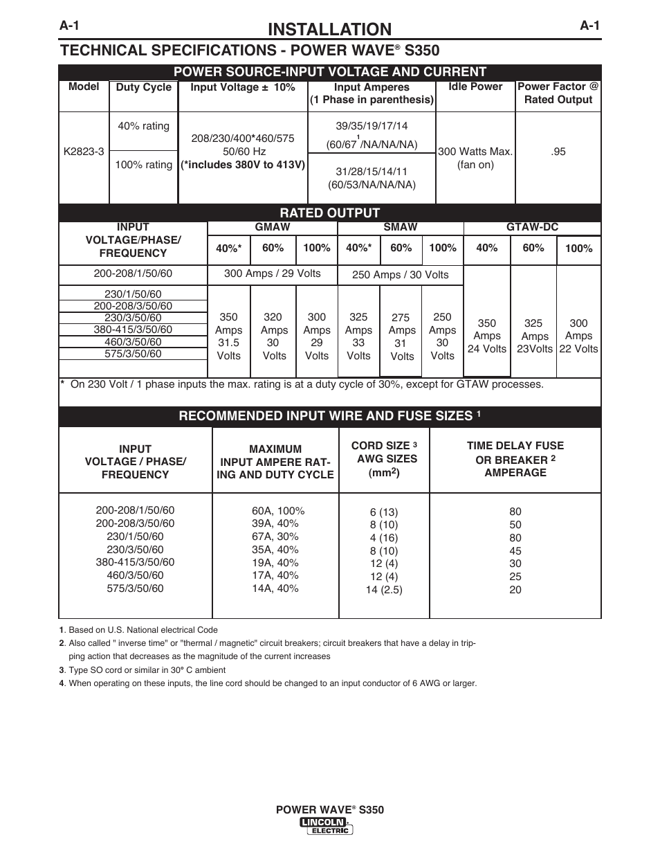 Installation, Technical specifications - power wave, S350 | Lincoln Electric IM10061 POWER WAVE S350 User Manual | Page 8 / 42