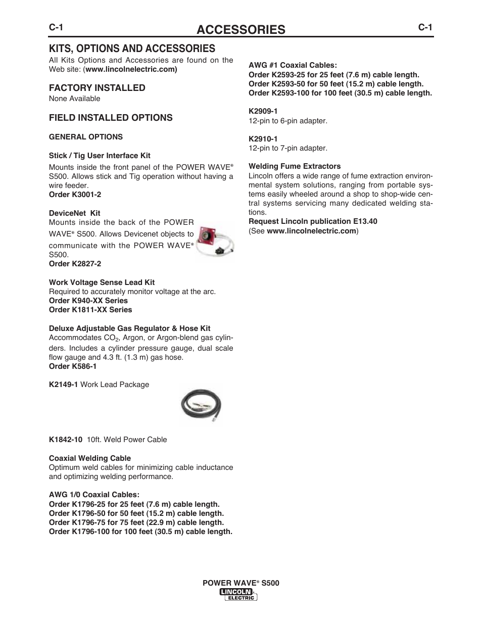 Accessories, Kits, options and accessories | Lincoln Electric IM10118 POWER WAVE S500 User Manual | Page 27 / 60