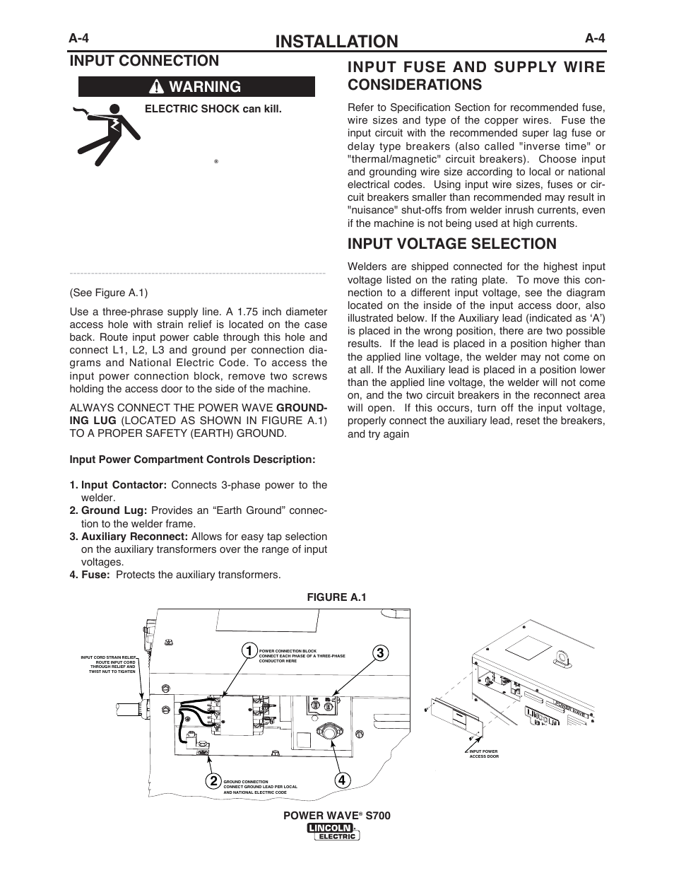 Installation, Input connection, Input fuse and supply wire considerations | Input voltage selection, Warning | Lincoln Electric IM10144 POWER WAVE S700 User Manual | Page 11 / 48