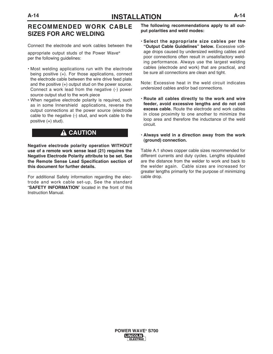 Installation, Recommended work cable sizes for arc welding, Caution | Lincoln Electric IM10144 POWER WAVE S700 User Manual | Page 21 / 48