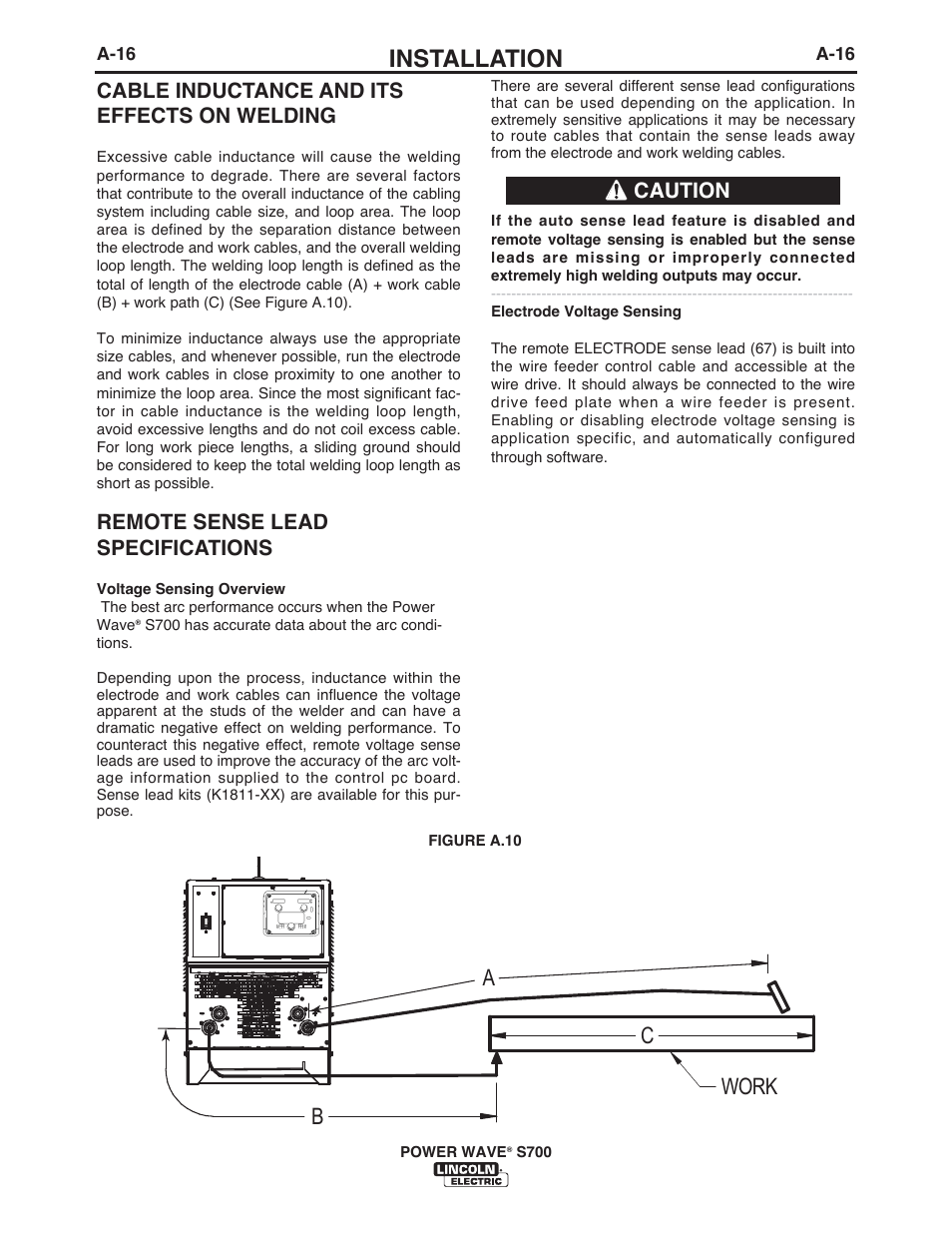 Installation, Ba c work, Cable inductance and its effects on welding | Remote sense lead specifications, Caution | Lincoln Electric IM10144 POWER WAVE S700 User Manual | Page 23 / 48