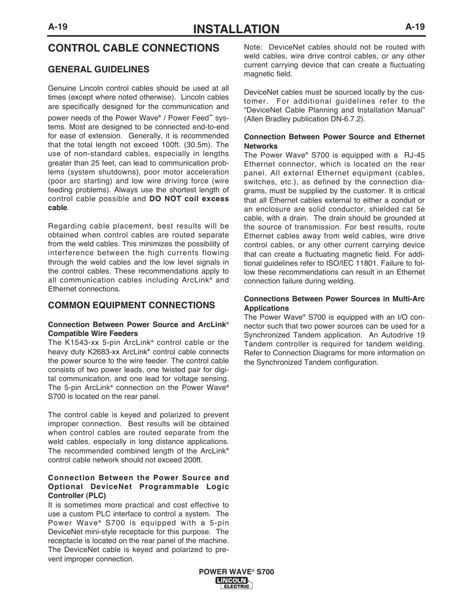 Installation, Control cable connections, A-19 | General guidelines, Common equipment connections | Lincoln Electric IM10144 POWER WAVE S700 User Manual | Page 26 / 48