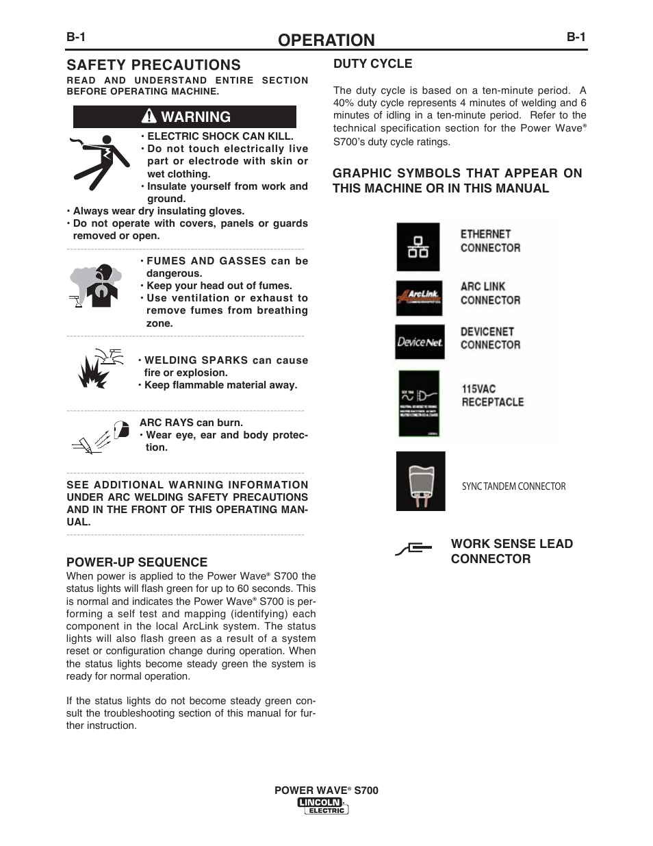 Operation, Warning safety precautions | Lincoln Electric IM10144 POWER WAVE S700 User Manual | Page 27 / 48