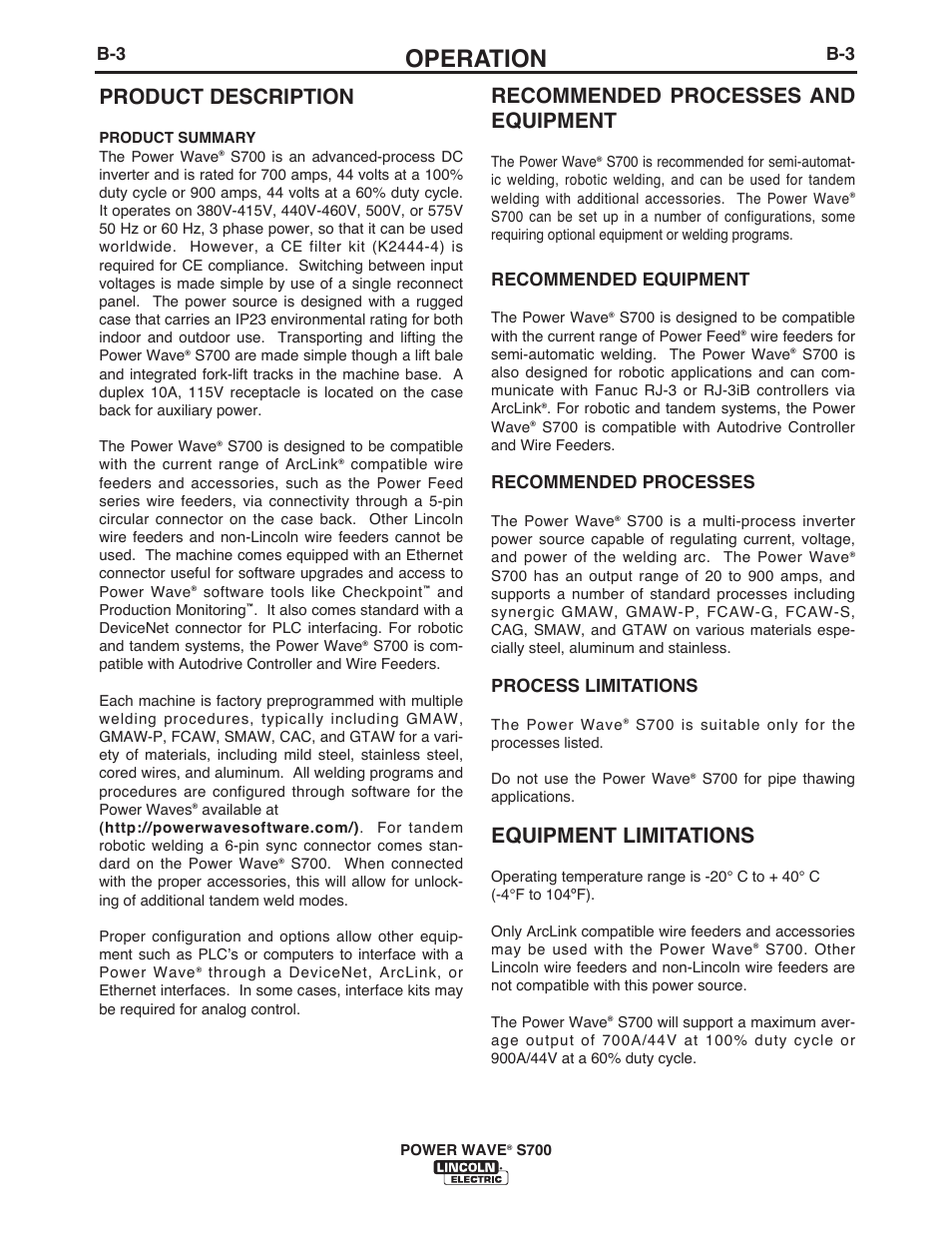 Operation, Product description, Recommended processes and equipment | Equipment limitations, Recommended equipment, Recommended processes, Process limitations | Lincoln Electric IM10144 POWER WAVE S700 User Manual | Page 29 / 48