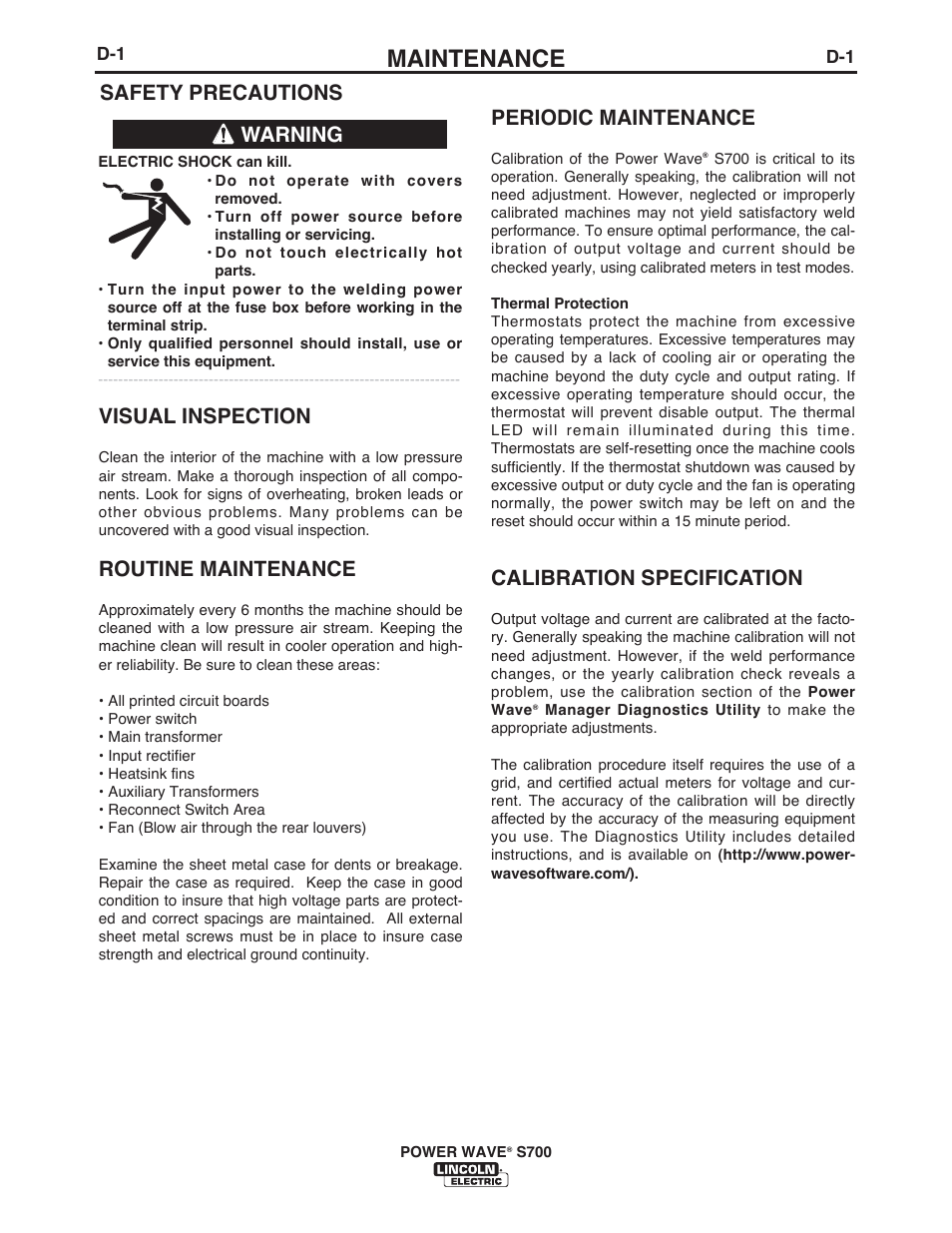 Maintenance, Safety precautions warning, Visual inspection | Routine maintenance, Periodic maintenance, Calibration specification | Lincoln Electric IM10144 POWER WAVE S700 User Manual | Page 38 / 48