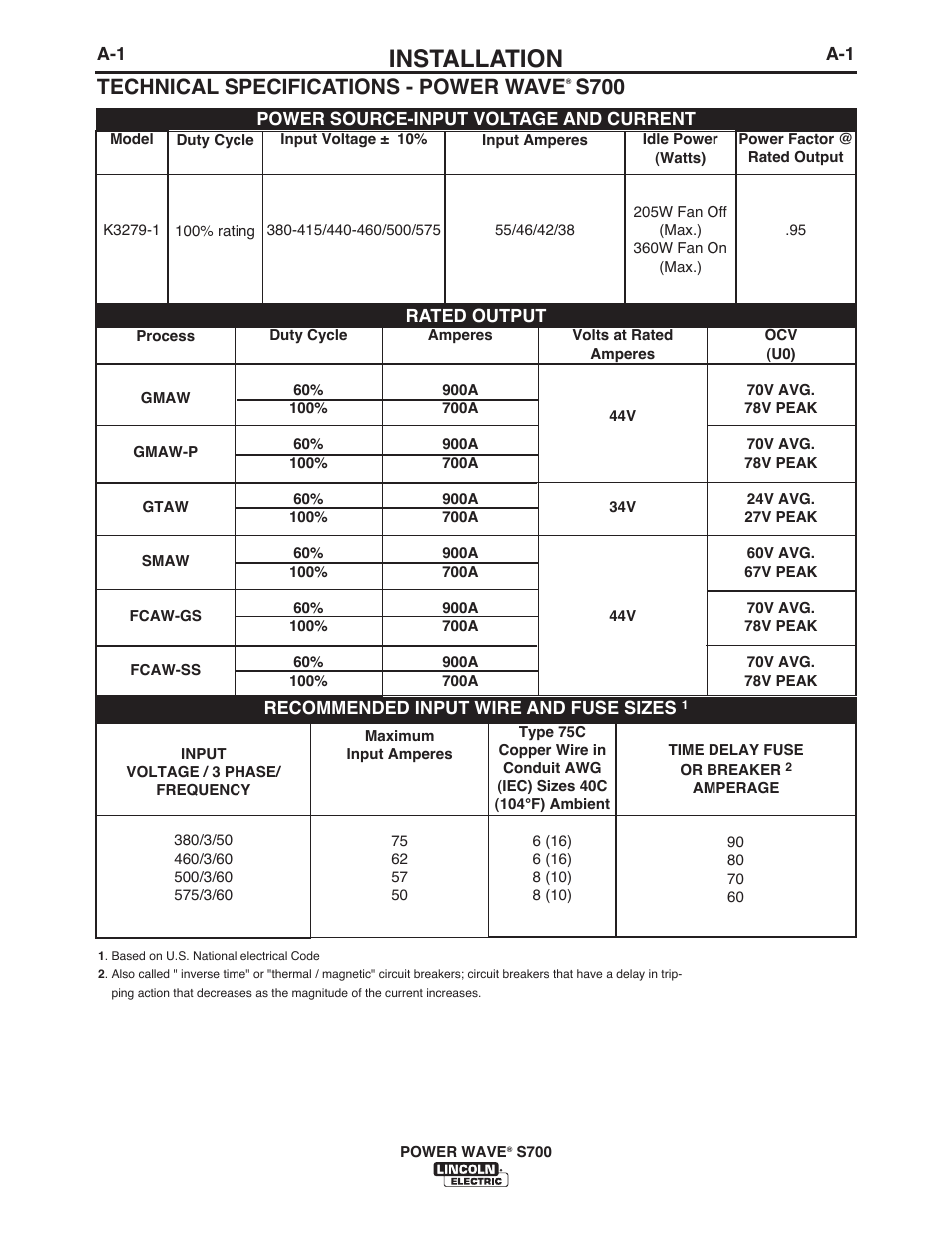 Installation, Technical specifications - power wave, S700 | Lincoln Electric IM10144 POWER WAVE S700 User Manual | Page 8 / 48