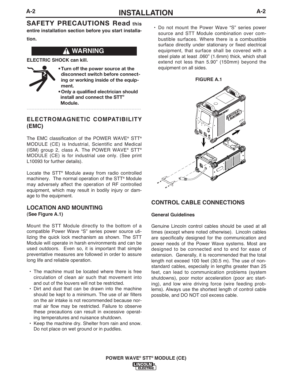 Installation, Safety precautions read, Warning | Electromagnetic compatibility (emc), Location and mounting, Control cable connections | Lincoln Electric IM10057 POWER WAVE STT MODULE (CE) User Manual | Page 11 / 34