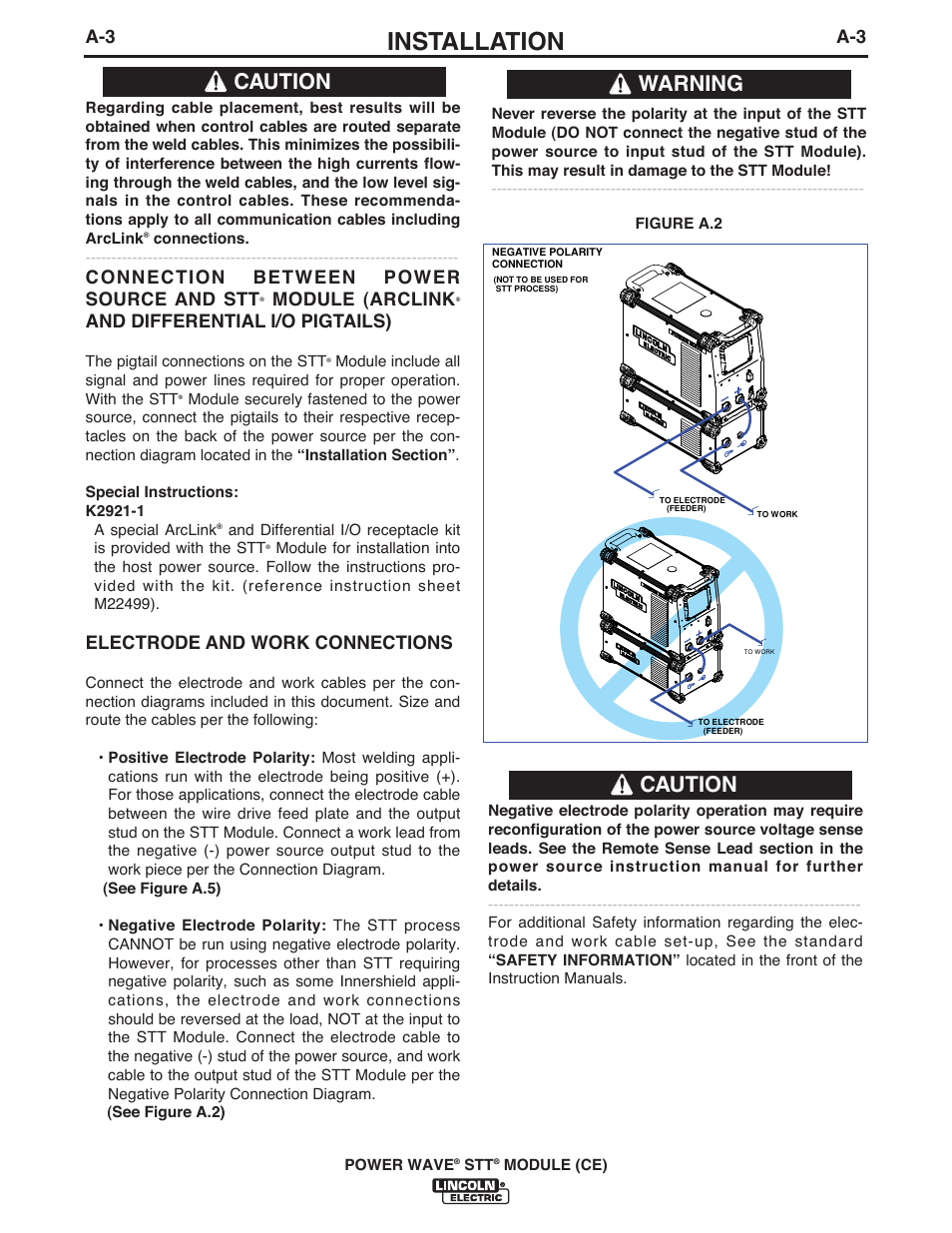 Installation, Caution, Caution warning | Connection between power source and stt, Module (arclink, And differential i/o pigtails), Electrode and work connections | Lincoln Electric IM10057 POWER WAVE STT MODULE (CE) User Manual | Page 12 / 34