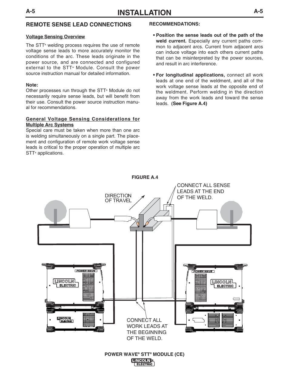 Installation, A-5 remote sense lead connections | Lincoln Electric IM10057 POWER WAVE STT MODULE (CE) User Manual | Page 14 / 34