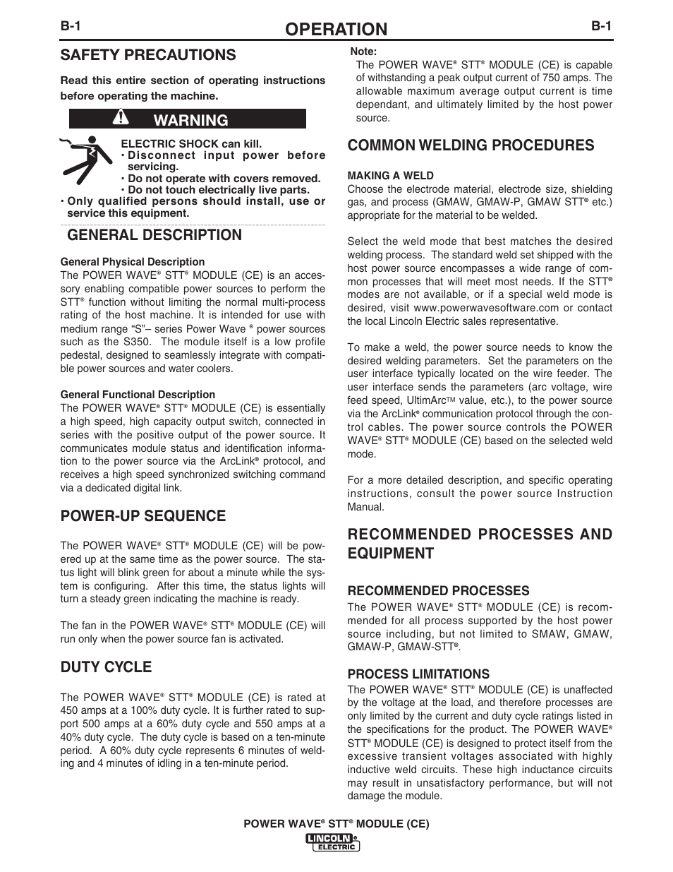 Operation, Safety precautions, General description | Power-up sequence, Duty cycle, Common welding procedures, Recommended processes and equipment, Warning, Recommended processes, Process limitations | Lincoln Electric IM10057 POWER WAVE STT MODULE (CE) User Manual | Page 17 / 34