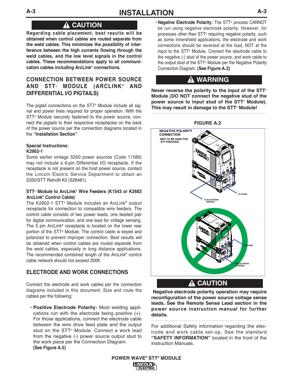 Installation, Caution, Caution warning | Connection between power source and stt, Module (arclink, And differential i/o pigtails), Electrode and work connections | Lincoln Electric IM10058 POWER WAVE STT MODULE User Manual | Page 10 / 30