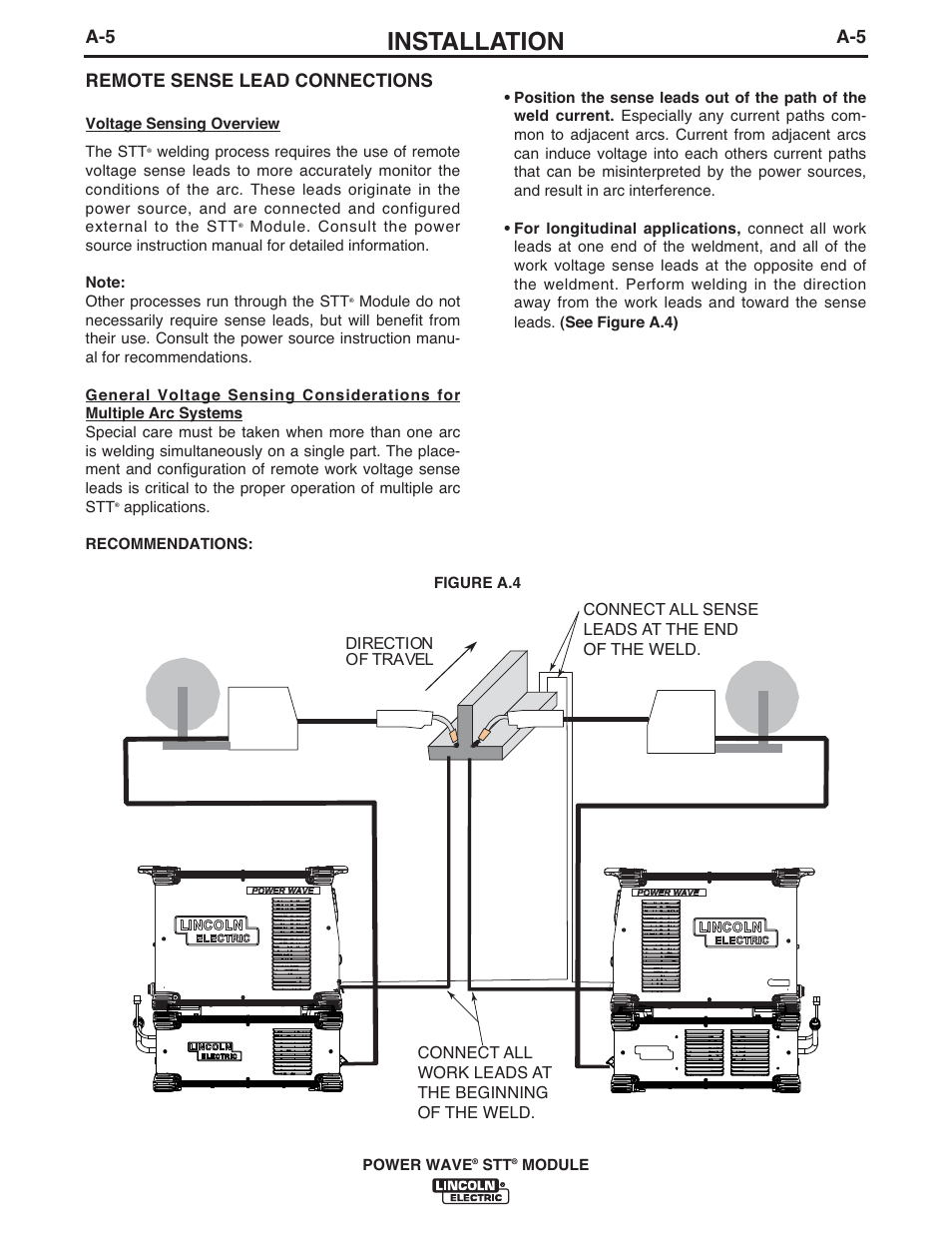 Installation, A-5 remote sense lead connections | Lincoln Electric IM10058 POWER WAVE STT MODULE User Manual | Page 12 / 30