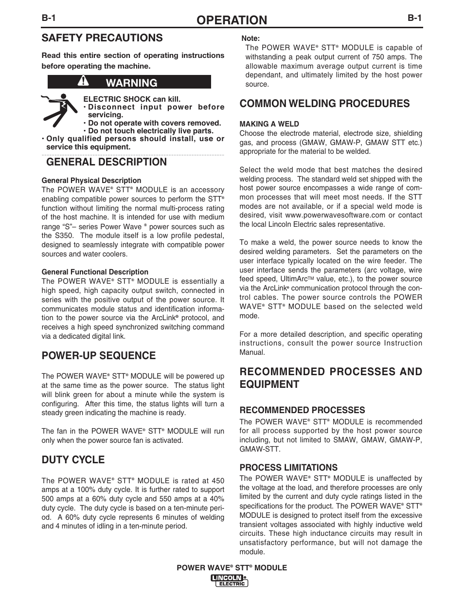 Operation, Safety precautions, General description | Power-up sequence, Duty cycle, Common welding procedures, Recommended processes and equipment, Warning, Recommended processes, Process limitations | Lincoln Electric IM10058 POWER WAVE STT MODULE User Manual | Page 15 / 30