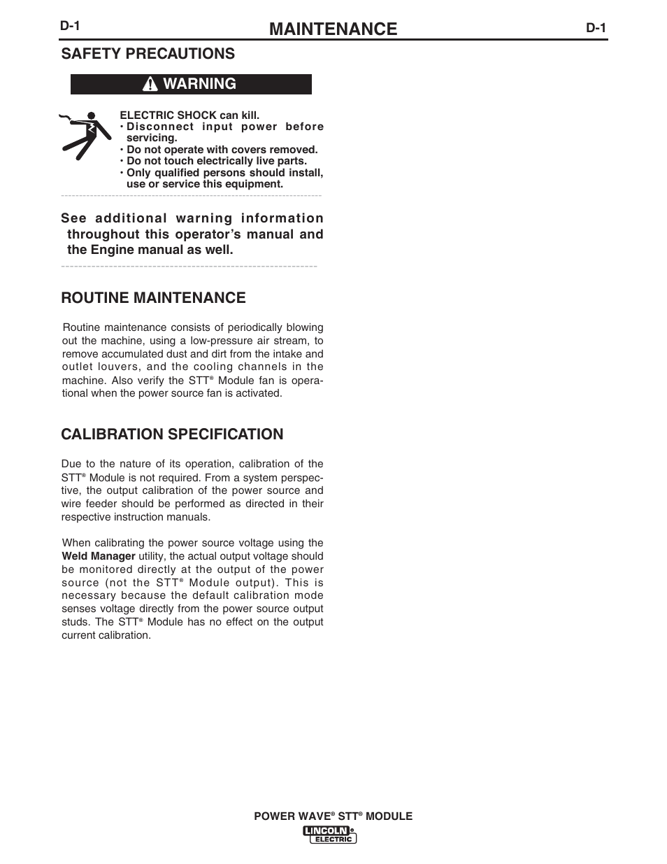 Maintenance, Safety precautions, Routine maintenance | Calibration specification, Warning | Lincoln Electric IM10058 POWER WAVE STT MODULE User Manual | Page 18 / 30