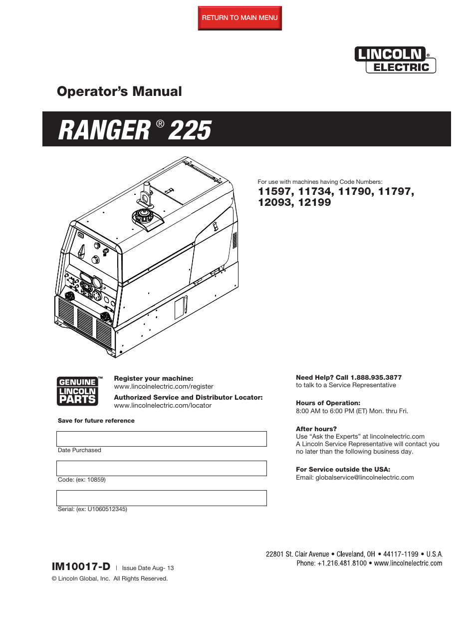 Lincoln Electric IM10017 RANGER 225 User Manual | 56 pages