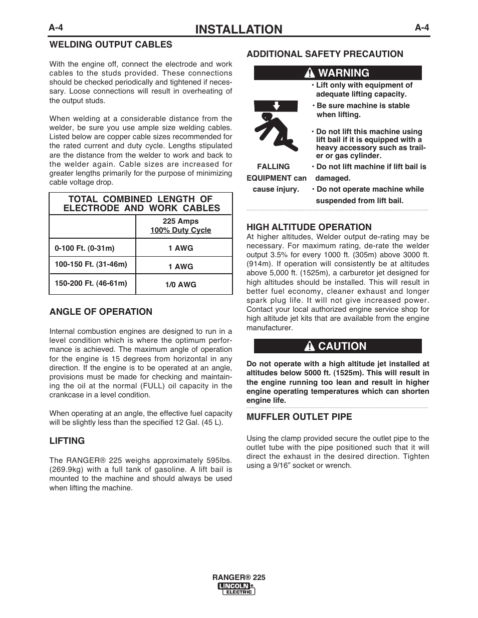 Installation, Caution, Warning | Lincoln Electric IM10017 RANGER 225 User Manual | Page 10 / 56