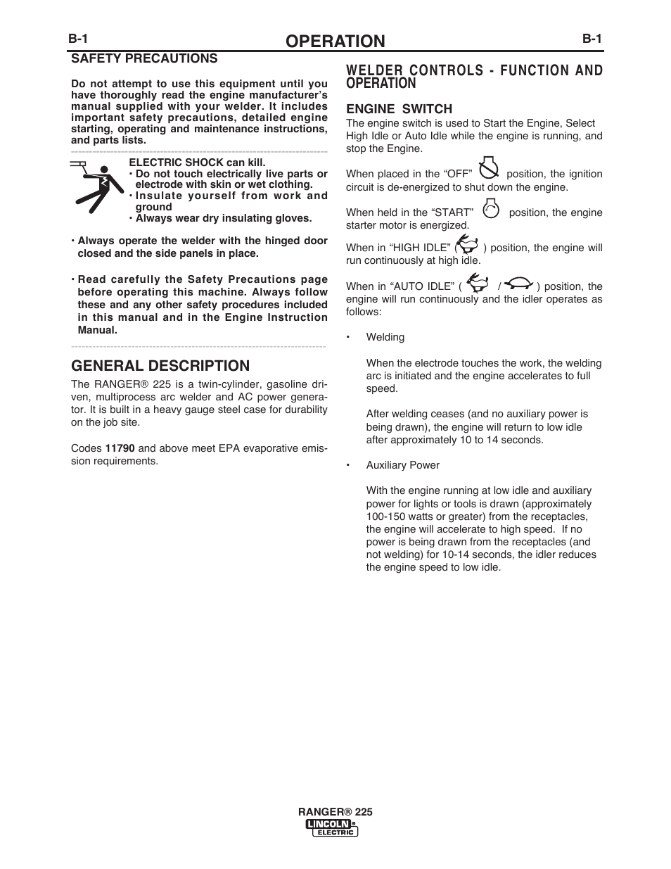 Operation, Welder controls - function and operation, General description | Lincoln Electric IM10017 RANGER 225 User Manual | Page 16 / 56