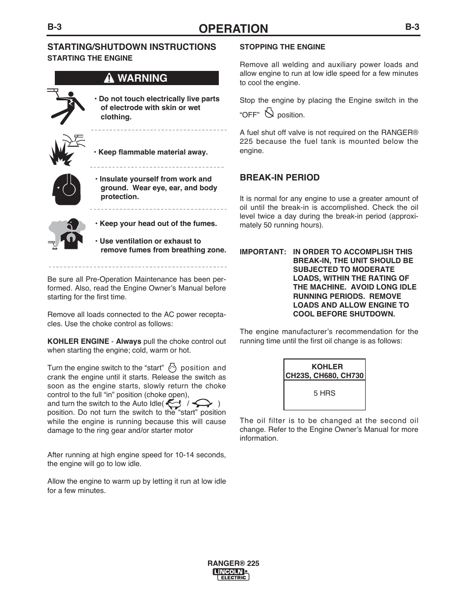 Operation, Warning | Lincoln Electric IM10017 RANGER 225 User Manual | Page 18 / 56