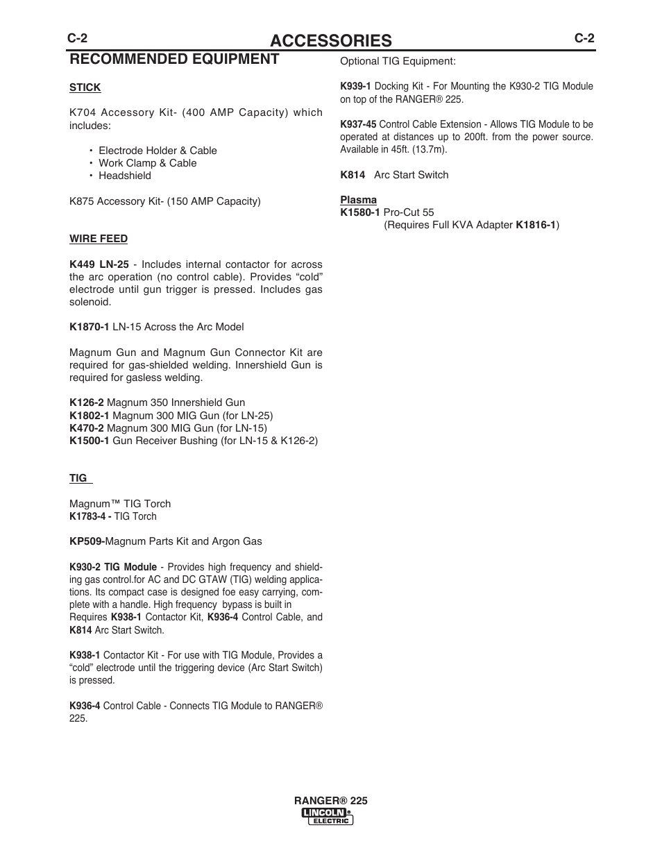 Accessories, Recommended equipment | Lincoln Electric IM10017 RANGER 225 User Manual | Page 22 / 56