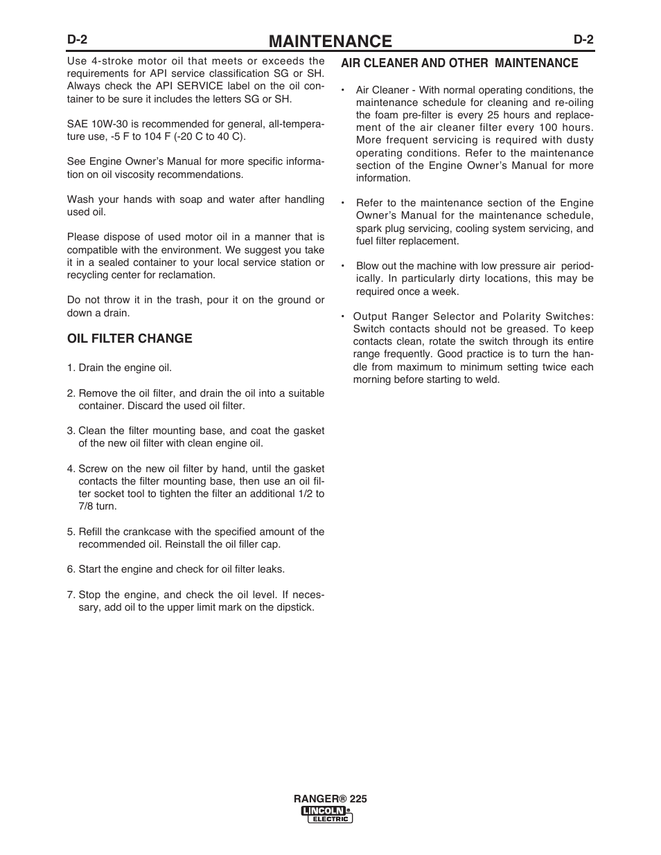 Maintenance | Lincoln Electric IM10017 RANGER 225 User Manual | Page 24 / 56